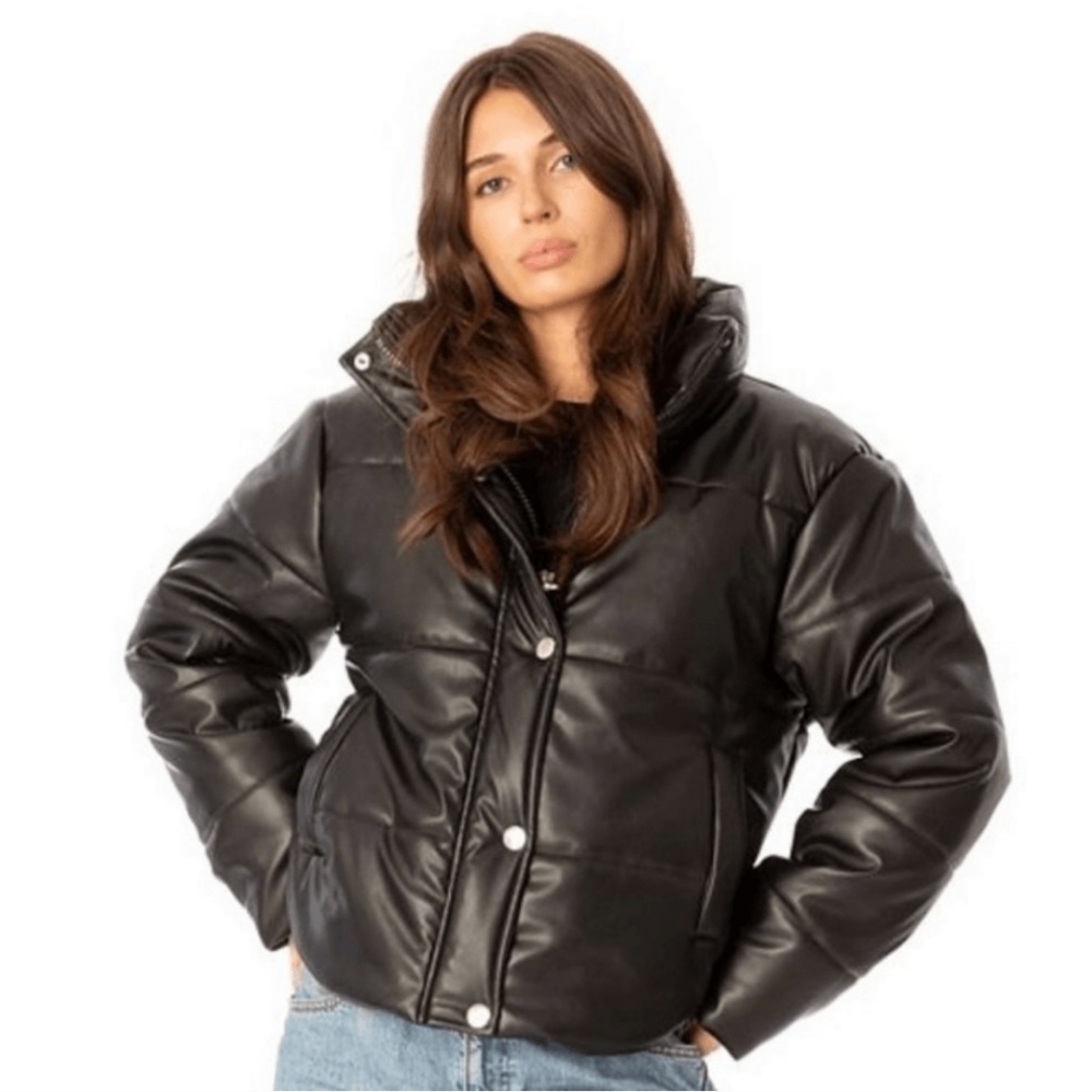 Large Hurley Black Vegan Leather Puffer Coat Jacket